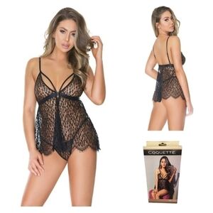 Fine Lace Babydoll & G-String Lingerie Set, Black, O/S, NIB